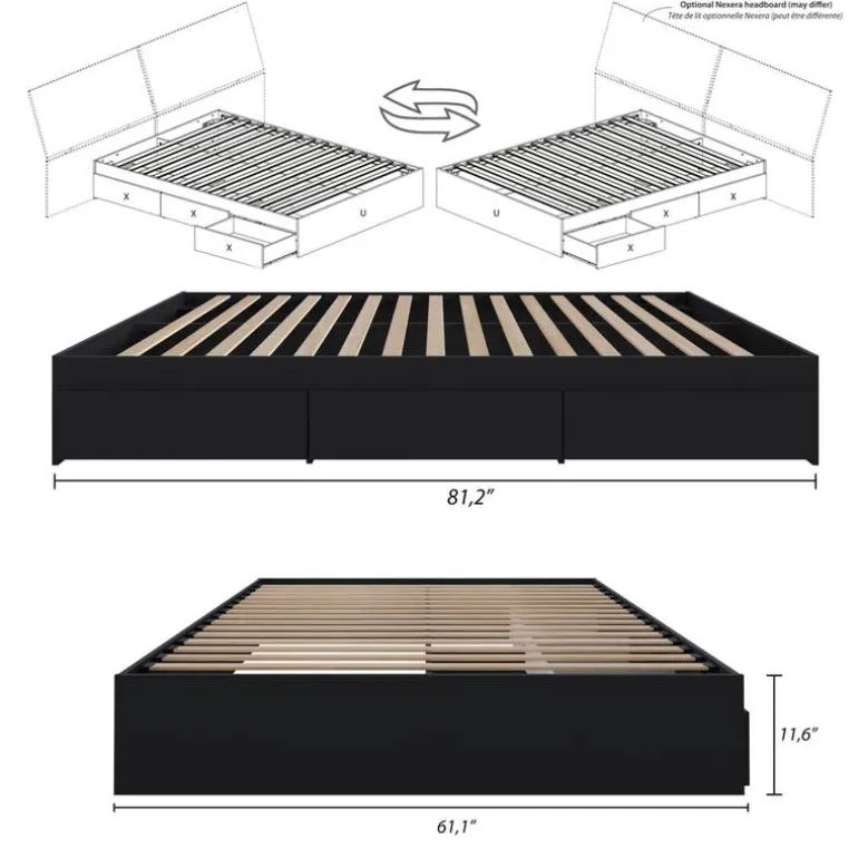 Queen Platform Bed with 3-Drawer Storage (60") - Nexera