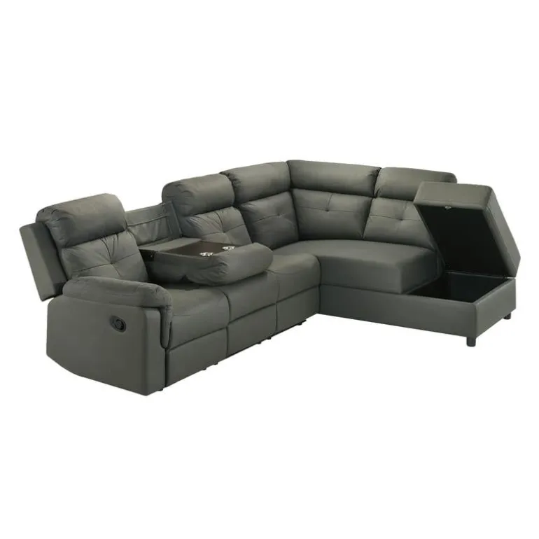 Reclining Sectional with Drop-Down Backrest and Cup Holders - Dark Grey