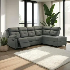 Reclining Sectional with Drop-Down Backrest and Cup Holders - Dark Grey