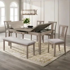 Rectangular Dining Table with Storage Compartments, 4 Chairs and 1 Bench - Grey