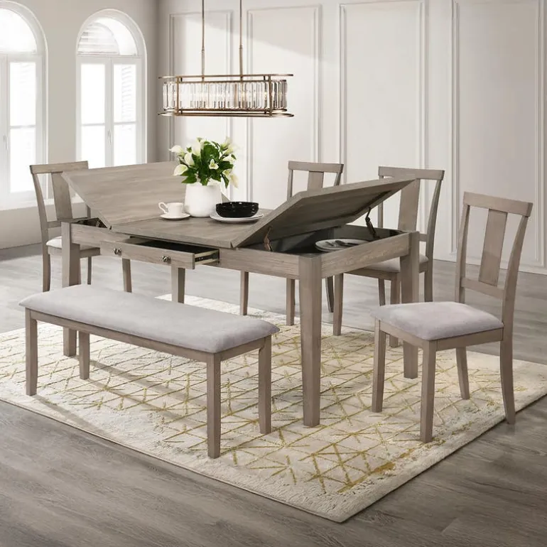 Rectangular Dining Table with Storage Compartments, 4 Chairs and 1 Bench - Grey