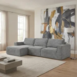 Rolled & Compressed Left Sectional in Corduroy Velvet 3 pcs - Grey