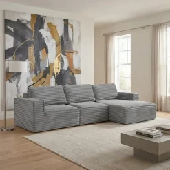 Rolled & Compressed Right Sectional in Corduroy Velvet 3 pcs - Grey