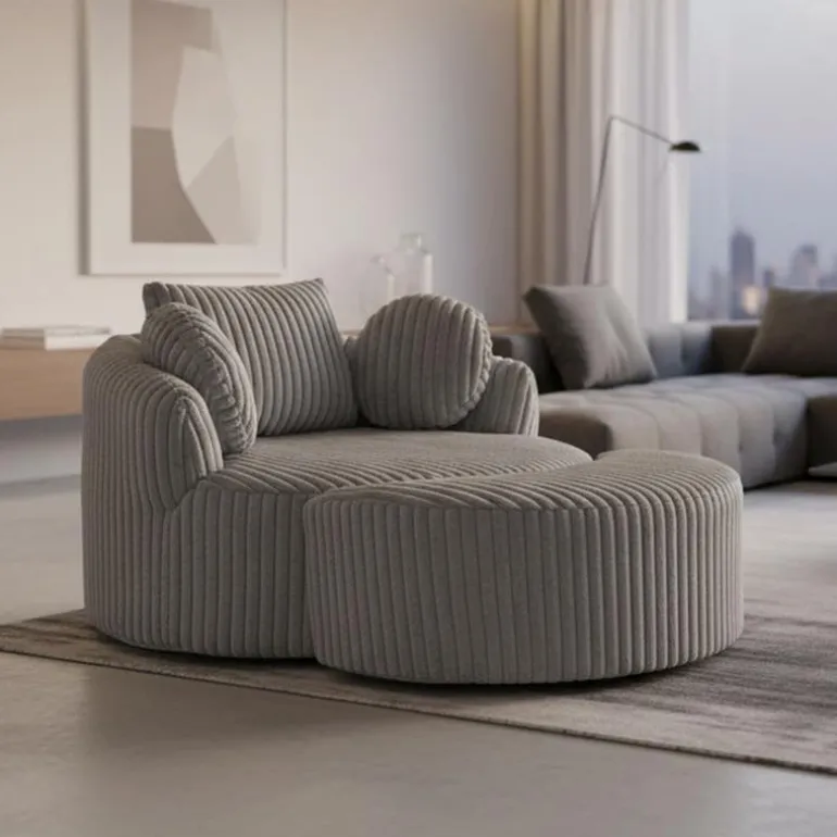 Rolled & Compressed Sealy Corduroy Armchair-in-a-Box with an Ottoman - Grey