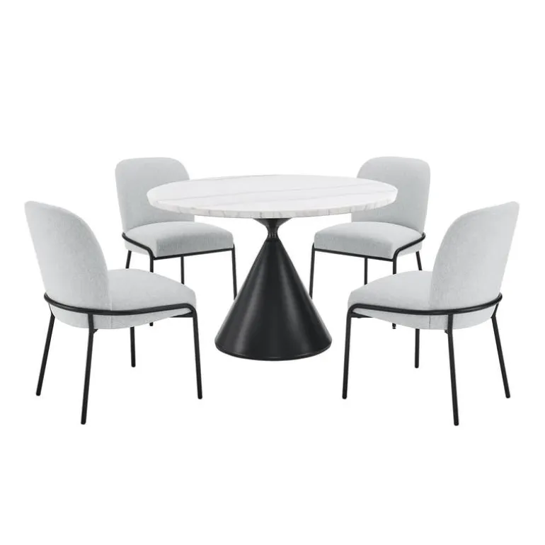 Round Marble Dining Table with 4 Upholstered Chairs - 48"
