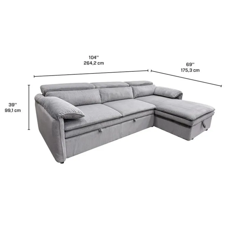 Sectional Bed and a Right-Side Chaise with Storage - Grey