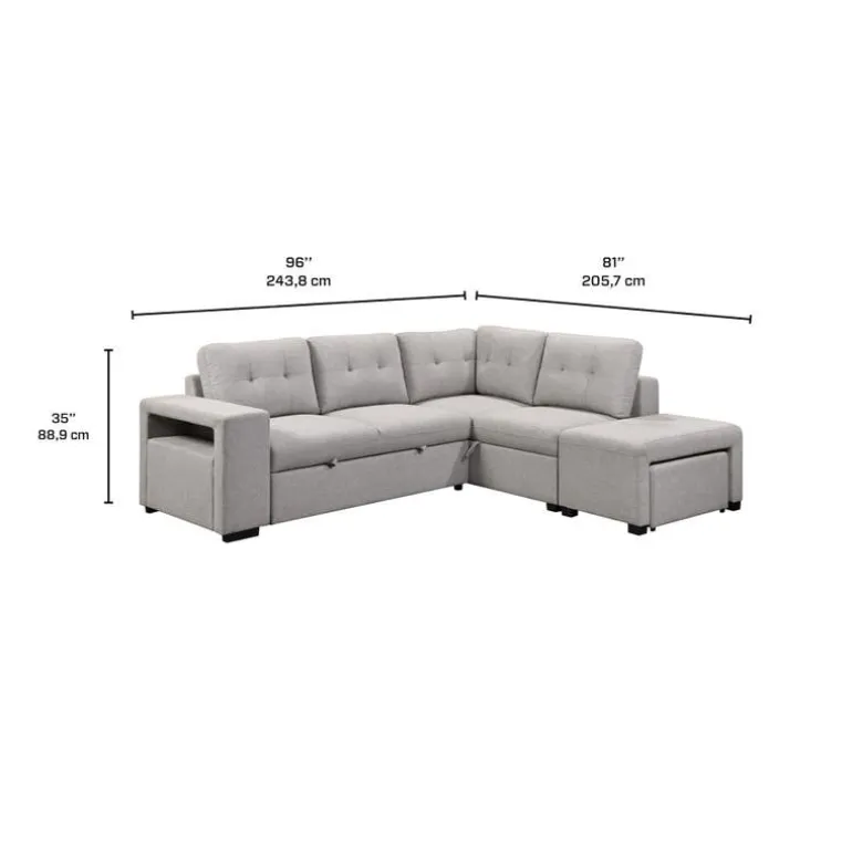 Sectional Bed with Chaise, Storage, and 2 Removable Ottomans