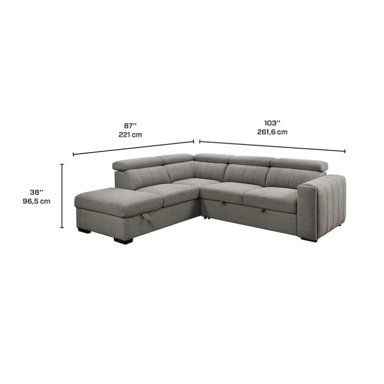 Sectional Bed with Left-Side Chaise, Adjustable Headrests, and Storage