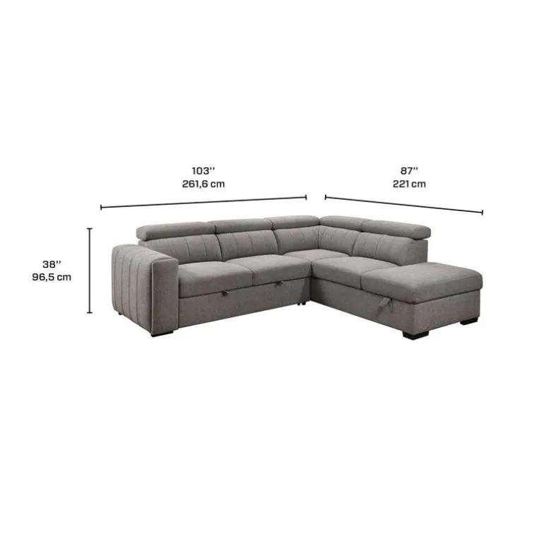 Sectional Bed with Right-Side Chaise, Adjustable Headrests, and Storage