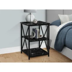 Side table / nightstand - 3 tiers / 2 shelves / square - 26"h - black marble- - Monarch