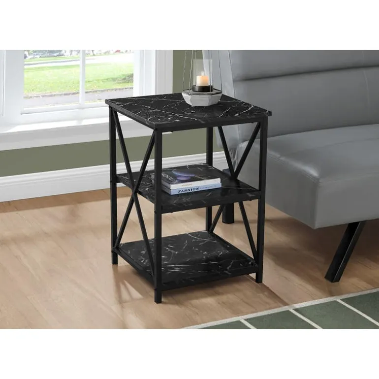 Side table / nightstand - 3 tiers / 2 shelves / square - 26"h - black marble- - Monarch