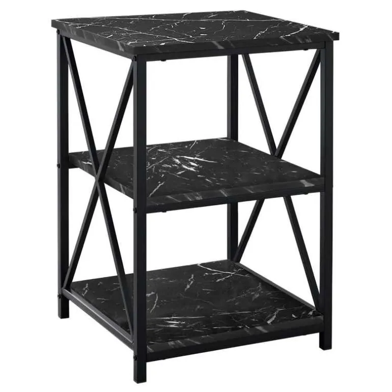 Side table / nightstand - 3 tiers / 2 shelves / square - 26"h - black marble- - Monarch