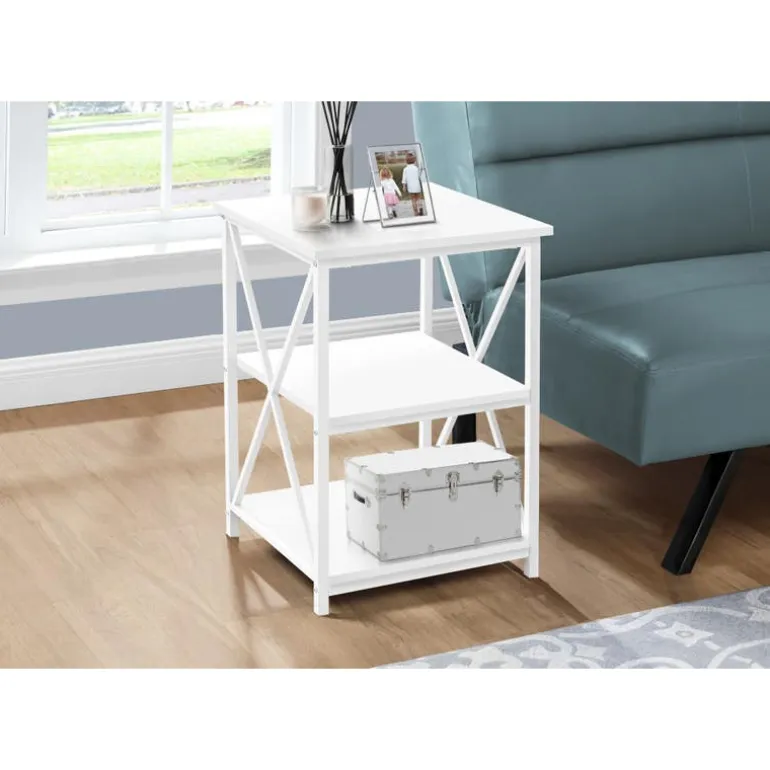 Side table / nightstand - 3 tiers / 2 shelves / square - 26"h - white / white - Monarch