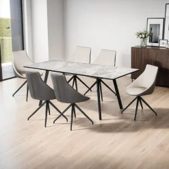 Sintered Stone Table and 6 Kitchen Armchairs - Cream and Grey