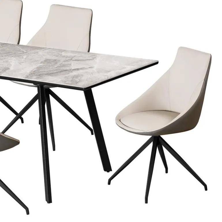 Sintered Stone Table and 6 Kitchen Armchairs - Cream and Grey