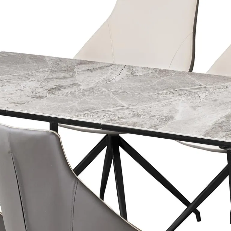 Sintered Stone Table and 6 Kitchen Armchairs - Cream and Grey