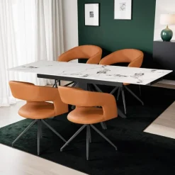 Sintered Stone Table and 4 Kitchen Armchairs - Pumpkin Orange