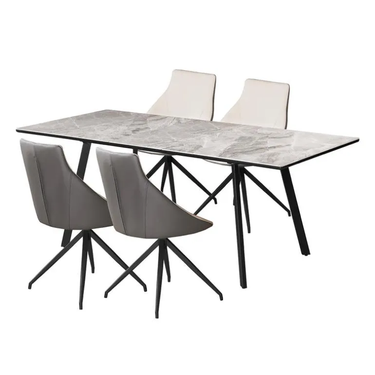 Sintered Stone Table and 4 Kitchen Armchairs - Cream and Grey