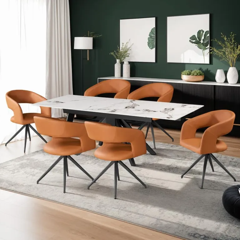Sintered Stone Table and 6 Kitchen Armchairs - Pumpkin Orange