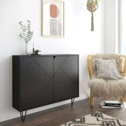 Slim 2-Door Storage Cabinet, Black - Nexera