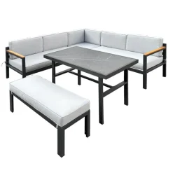 Steel Outdoor Sectional with Dining Table and Bench - 3 pcs