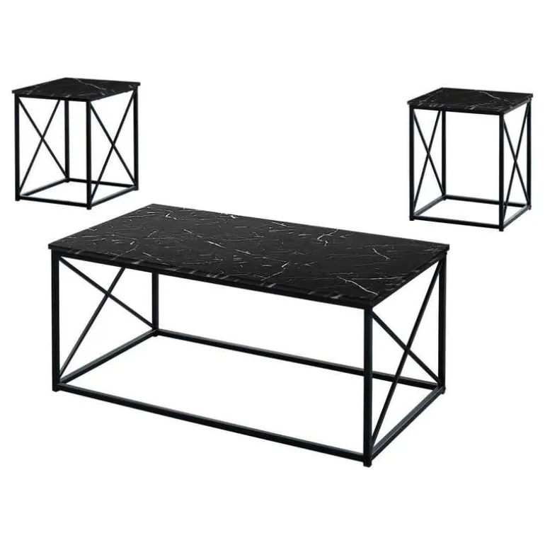 Table set - 3pcs set / black marble / black metal - Monarch