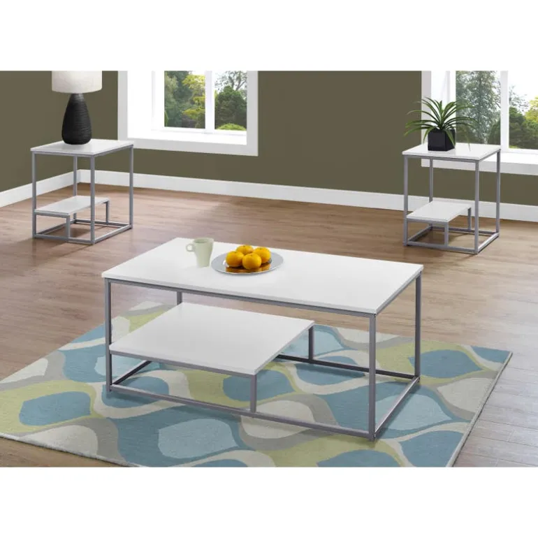 Table set - 3pcs set / white / silver metal - Monarch
