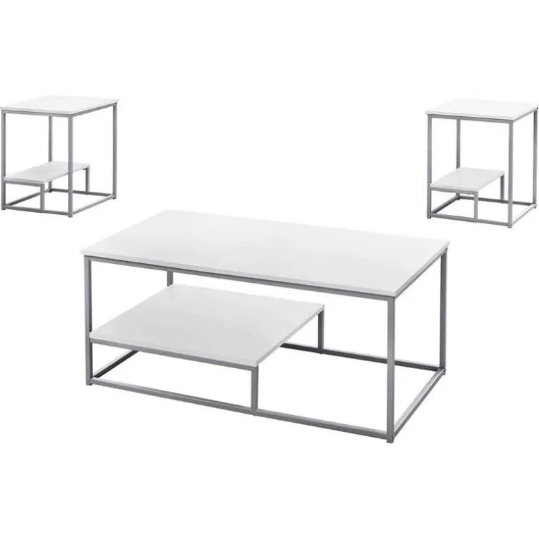 Table set - 3pcs set / white / silver metal - Monarch