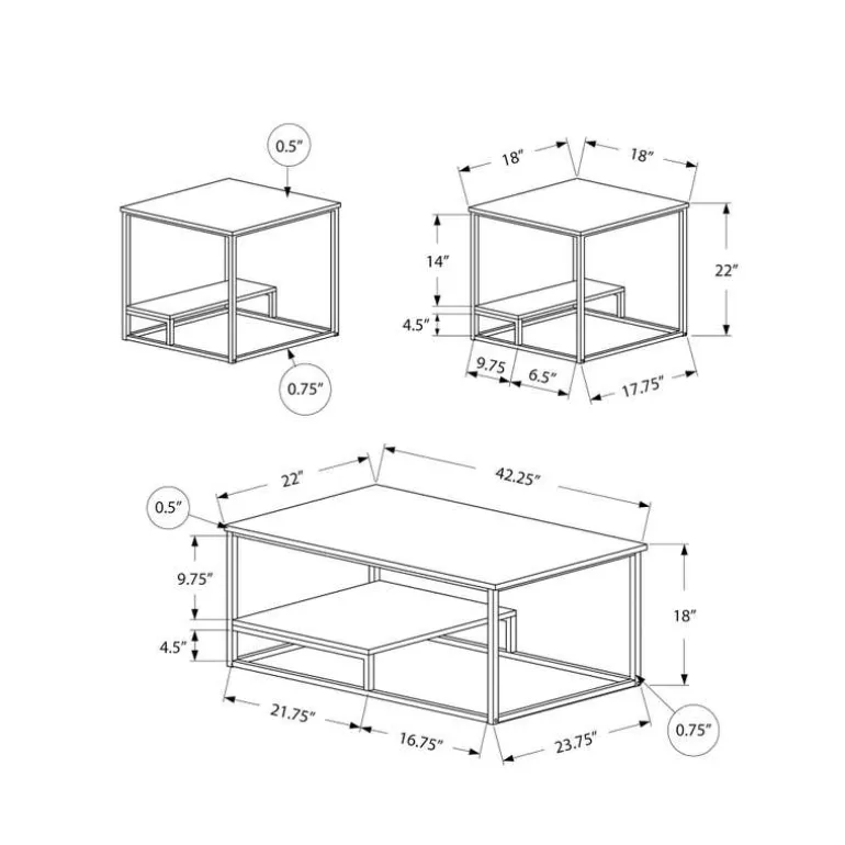 Table set - 3pcs set / white / silver metal - Monarch