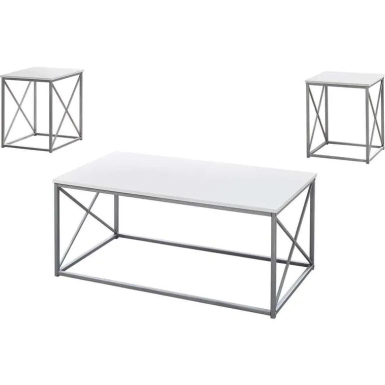 Table set - 3pcs set / white / silver metal - Monarch