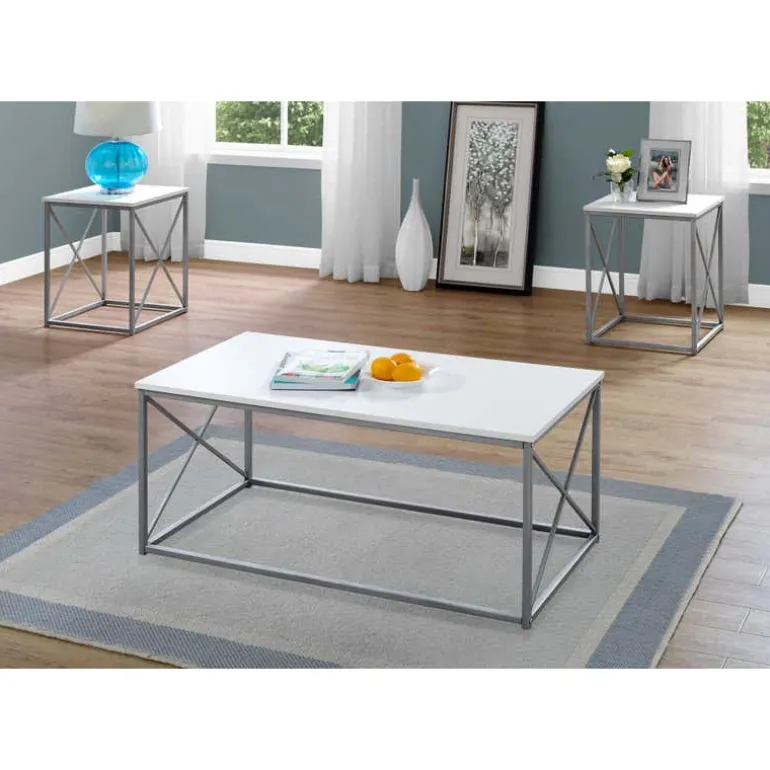 Table set - 3pcs set / white / silver metal - Monarch