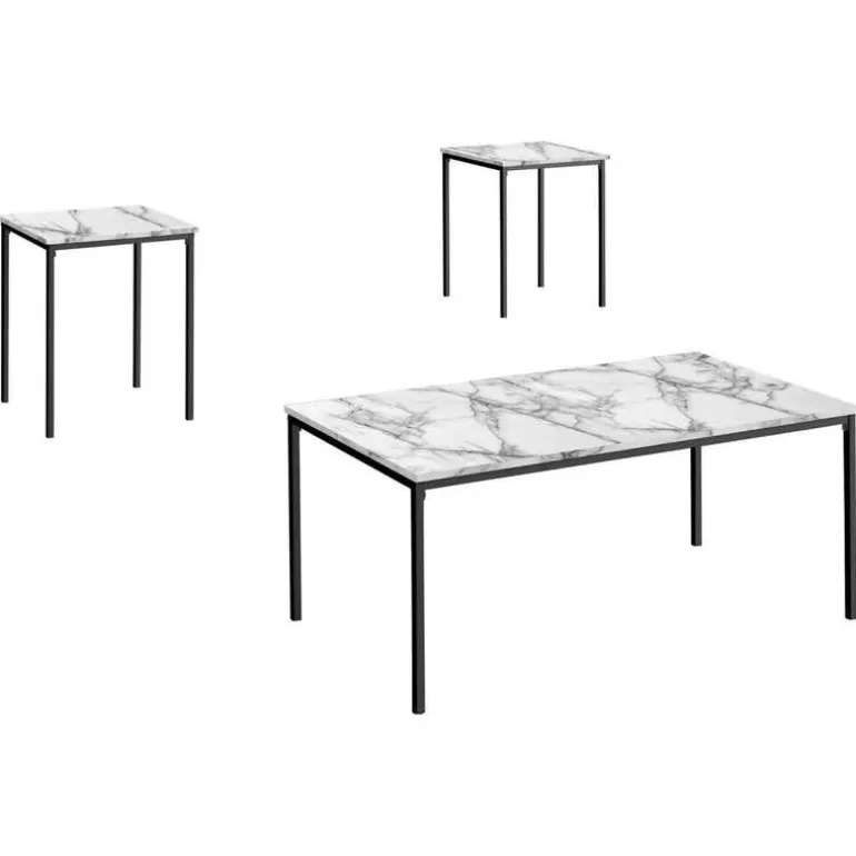 Table set - 3pcs set / white marble / black metal - Monarch