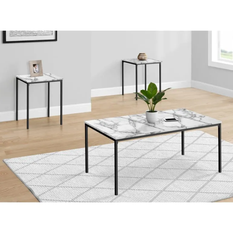 Table set - 3pcs set / white marble / black metal - Monarch