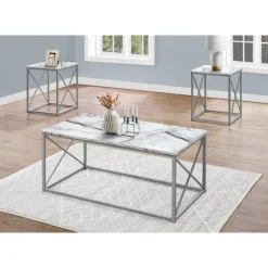 Table set - 3pcs set / white marble / silver metal - Monarch