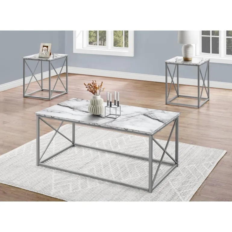 Table set - 3pcs set / white marble / silver metal - Monarch