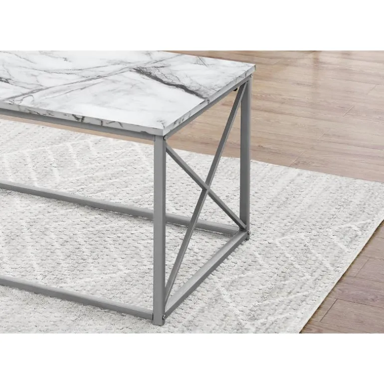 Table set - 3pcs set / white marble / silver metal - Monarch