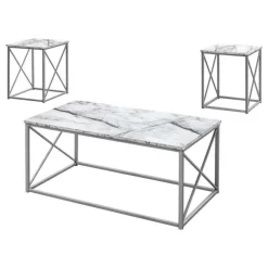 Table set - 3pcs set / white marble / silver metal - Monarch