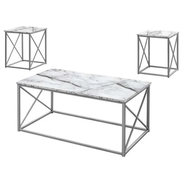 Table set - 3pcs set / white marble / silver metal - Monarch