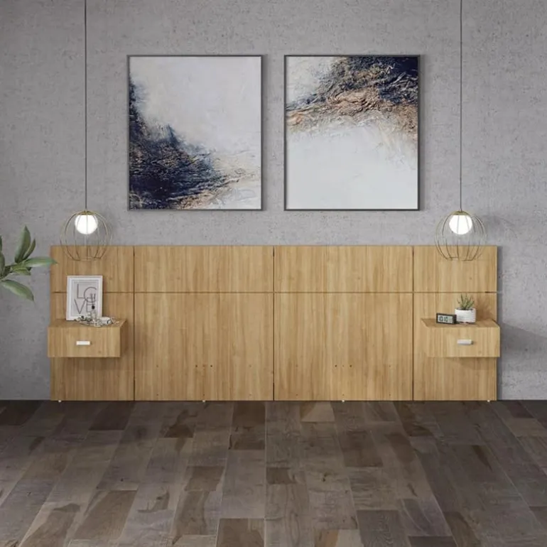 Wall Units with 2 Integrated Nightstands for Full Beds - Natural