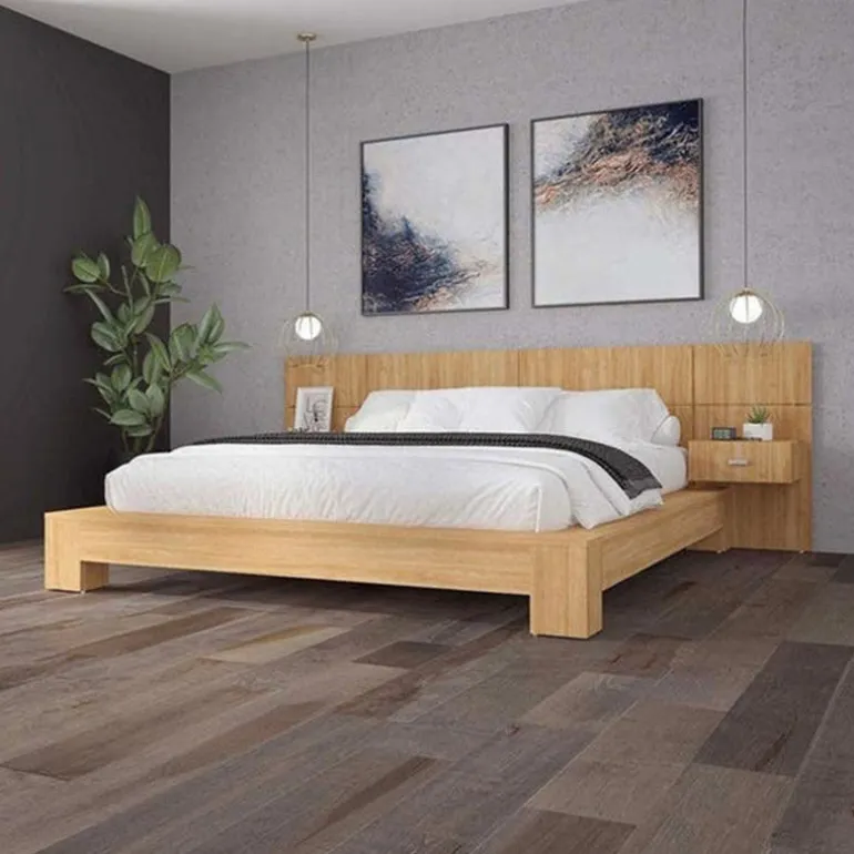 Wall Units with 2 Integrated Nightstands for Queen Beds - Natural