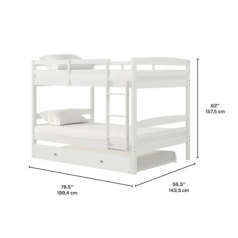 White Bunk Bed with Trundle Bed - 54"/54"