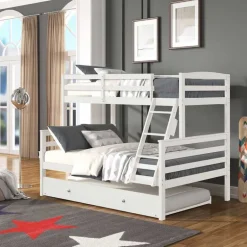 White Bunk Bed with Trundle Bed - 39"/54"