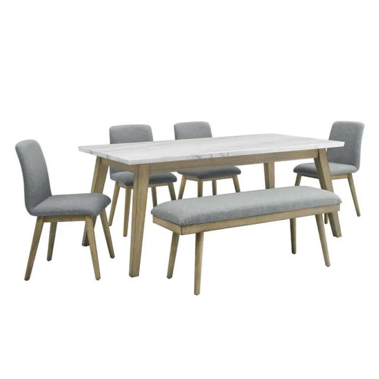 White Marble Top Dining Table, 4 Chairs and 1 Bench - Grey