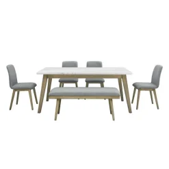White Marble Top Dining Table, 4 Chairs and 1 Bench - Grey