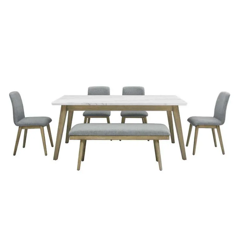 White Marble Top Dining Table, 4 Chairs and 1 Bench - Grey