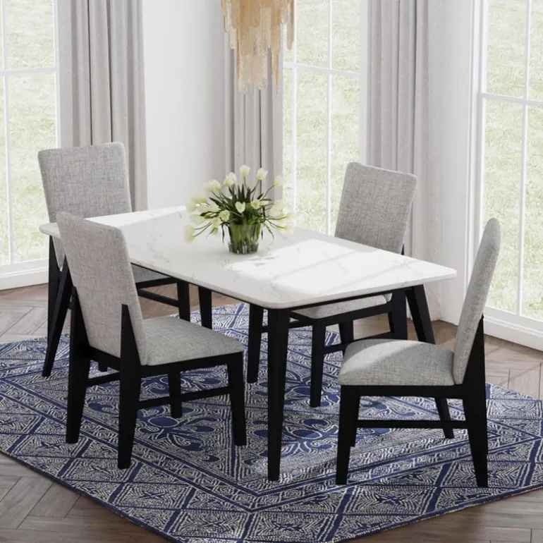 White Marble-Look Top Dining Table with 4 Chairs - Grey Fabric