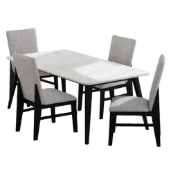 White Marble-Look Top Dining Table with 4 Chairs - Grey Fabric