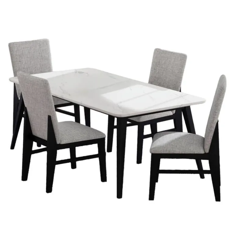 White Marble-Look Top Dining Table with 4 Chairs - Grey Fabric