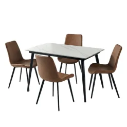 White Sintered Stone Dining Set with 4 Cognac Chairs - 48"