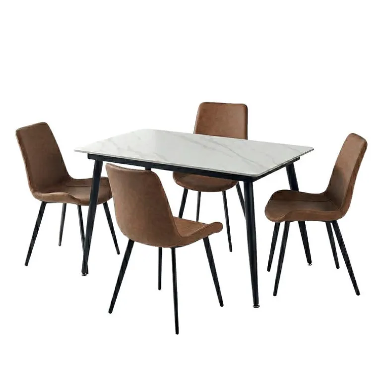 White Sintered Stone Dining Set with 4 Cognac Chairs - 48"